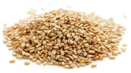 Close-up of Organic White Sesame seeds (Sesamum indicum) or white Til with shell in white ceramic bowl with the gradient background of White Sesame seeds. Close-up of Organic White Sesame seed
