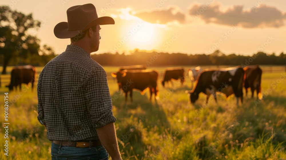 Aufkleber a man in a cowboy hat stands in a field with cows