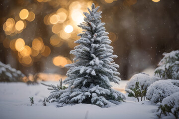 Snowy pine tree stands tall against a winter sky, adorned with festive decorations for the holiday season