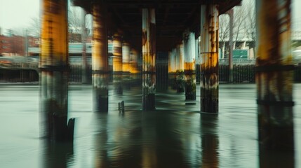 Fototapeta premium Wooden piles from bridges in the river with a blend of old and new reflecting blurred images
