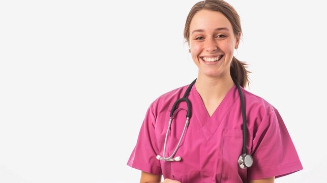 Dottoressa pediatrica in camice rosa sorride felice: Sfondo bianco trasparente