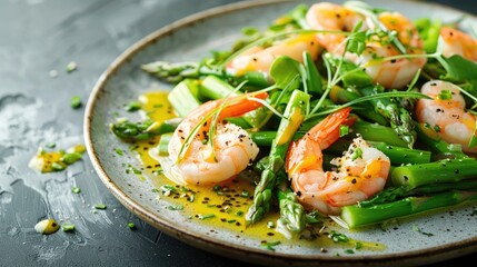 Green asparagus salad featuring steamed tips and sliced prawns drizzled with passion fruit vinaigrette elegantly presented on a Nordic Design plate with ample text space