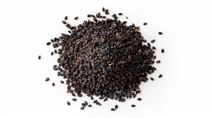 Close-up black sesame seeds in wooden spoon on black sesame seed background
