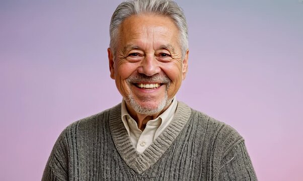 Medium shot portrait video of a grinning man in his 80s that is wearing a chic cardigan against a pastel or soft colors background