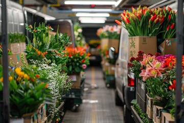 Online Flower Delivery Logistics: Vans Loaded with Fresh Bouquets Ready for Shipment