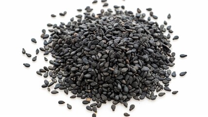 Close-up black sesame seeds in wooden spoon on black sesame seed background
