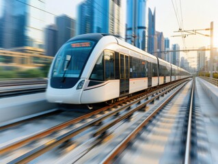 Naklejka premium A modern high-speed train traveling through a futuristic city showcasing advancements in transportation technology