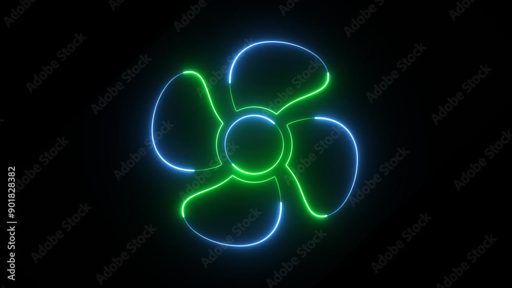 Wall mural special fan sign neon icon with rotating four-pointed fan on black background