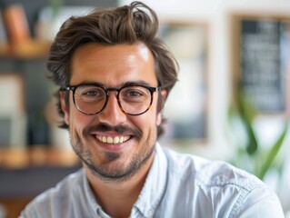 Obraz premium A man wearing glasses smiles directly at the camera