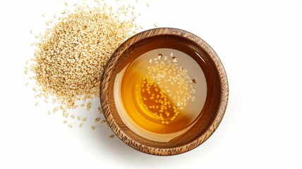 Close-up of Organic White Sesame seeds (Sesamum indicum) or white Til with shell in white ceramic bowl with the gradient background of White Sesame seeds. Close-up of Organic White Sesame seed
