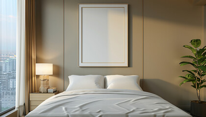 Modern hotel room with cozy seating area with empty frame