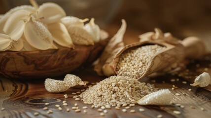 Close-up of Organic White Sesame seeds (Sesamum indicum) or white Til with shell in white ceramic bowl with the gradient background of White Sesame seeds. Close-up of Organic White Sesame seed
