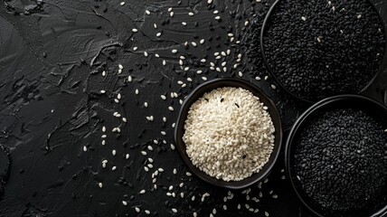 Close-up of Organic White Sesame seeds (Sesamum indicum) or white Til with shell in white ceramic bowl with the gradient background of White Sesame seeds. Close-up of Organic White Sesame seed

