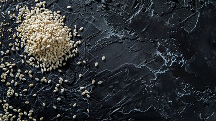 Close-up of Organic White Sesame seeds (Sesamum indicum) or white Til with shell in white ceramic bowl with the gradient background of White Sesame seeds. Close-up of Organic White Sesame seed
