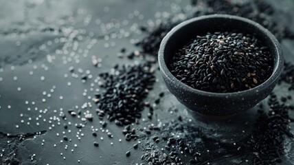Close-up black sesame seeds in wooden spoon on black sesame seed background

