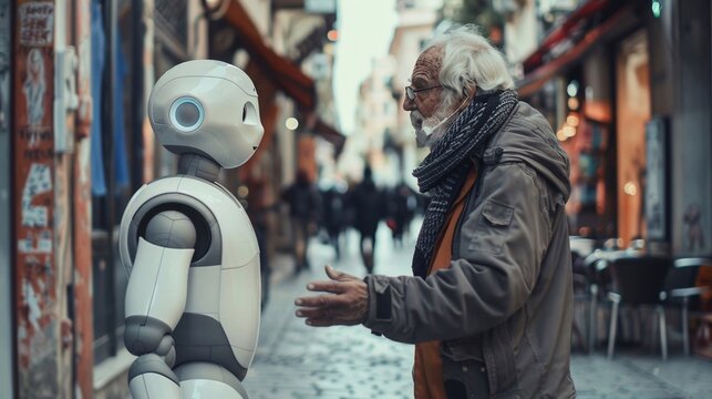 Un robot umanoide parla con un anziano per strada