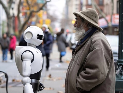 Un robot umanoide parla con un anziano per strada