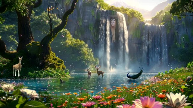 green hills crowned with cascading waterfalls, deer roaming nearby, amidst an abundance of sparkling flowers, Seamless looping 4k time-lapse animation video background