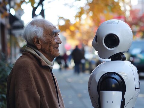 Un robot umanoide parla con un anziano per strada
