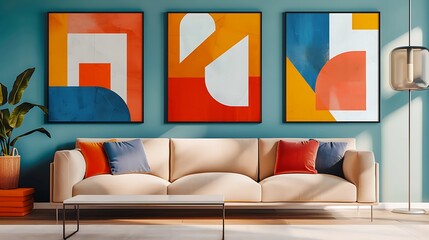 Set of three abstract wall art panels with geometric shapes in orange and blue tones
