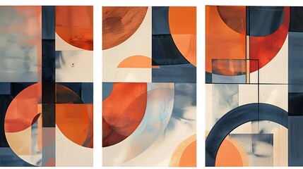 Set of three abstract wall art panels with geometric shapes in orange and blue tones