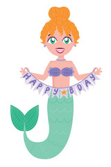 Childrens magic element. Cute mermaid congratulates happy birthday Vector cartoon illustration in flat style isolated on a white background. For print, design, poster, sticker, card, decoration.