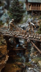 Naklejka premium Craftsmen Repairing a Rural Bridge Using Timber and Stone - Emphasizing Craftsmanship and Rural Life