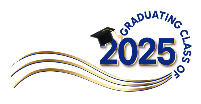 White background - Graduating Class of 2025 in blue text in a circle around the year. 2025 is in royal blue text. A graduation cap with a gold tassel sits on top of the year. Wavy golden lines accent.