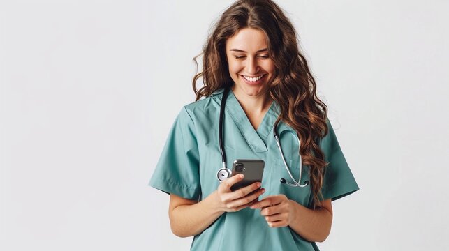 Infermiera felice con camice verde guarda il cellulare. Sfondo bianco trasparente