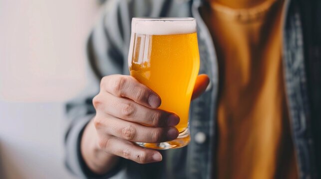 Mano di uomo sorregge un bicchiere di birra traboccante di schiuma