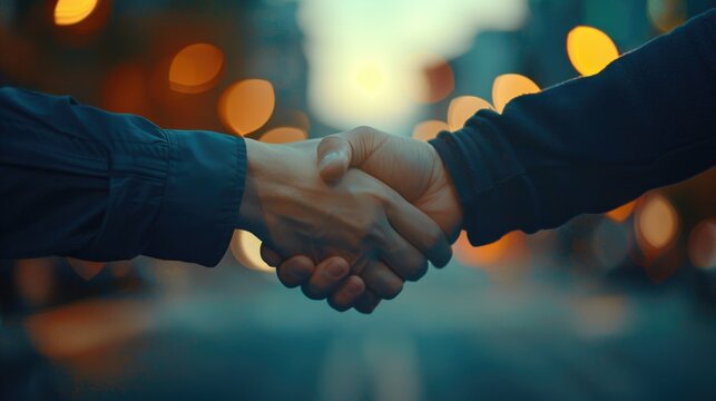 Two professionals exchanging business cards and shaking hands on a busy city street, perfect for corporate or entrepreneurial uses