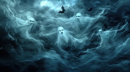 Spooky Halloween background with ghosts and bats.