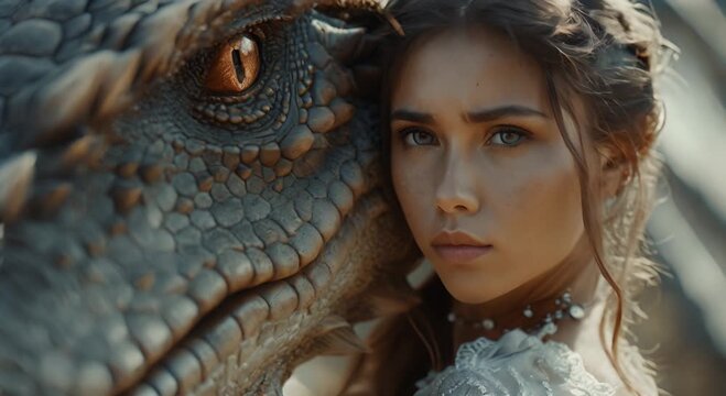 A young woman with blond hair, with a dragon. Tenderness and love. Totem.
