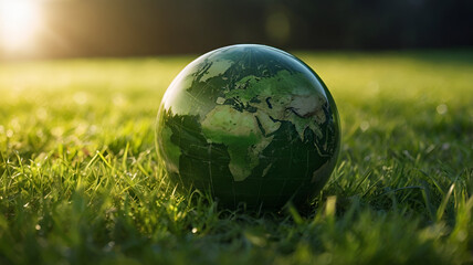Eco-friendly globe on grass showcasing sustainability and environmental care.