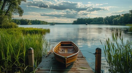Obraz premium Beautiful summer view of lake with wooden boats background wallpaper AI generated image