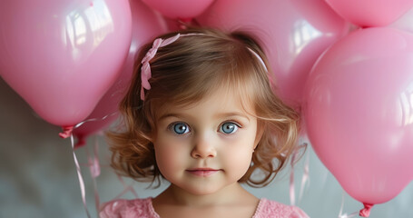 Obraz premium Portrait of a Little Girl with Innocent Eyes and Pink Balloons