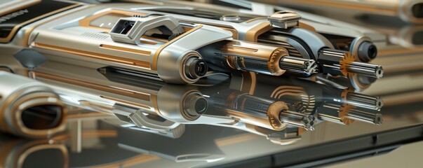 A detailed collection of futuristic woodworking tools with sleek designs and advanced technology, neatly arranged on a polished, reflective surface.