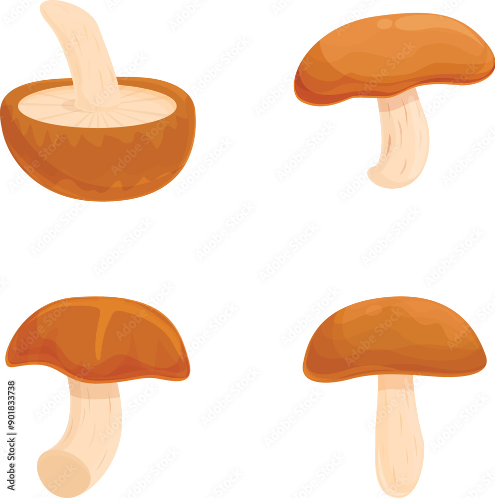 Sticker Asian mushroom icons set cartoon vector. Asian shiitake mushroom or fungi. Autumn food