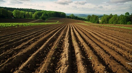 Fertile Field Plowed for Planting with Neat Rows on a Sunny Day - Ideal for Agricultural Design