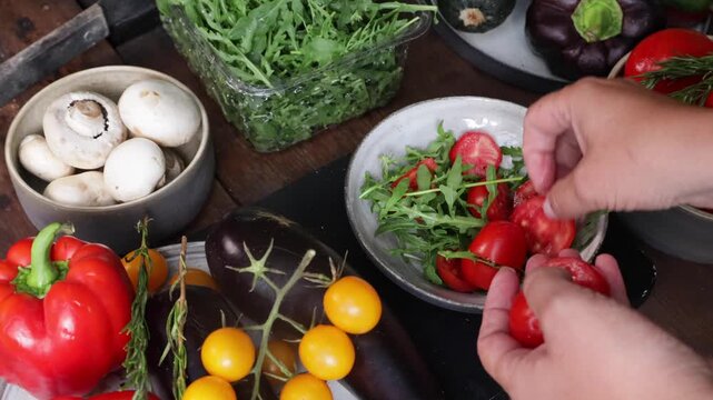 step-by-step process for making tomato and cheese salad in a ceramic bowl