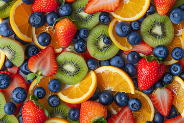 Obraz premium Fresh fruits colorful background. Healthy eating concept. Flat lay, top view with copy space
