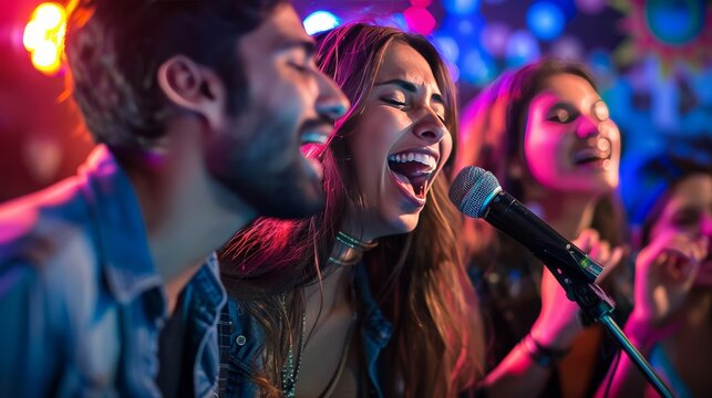 Group of colleagues having fun at a karaoke night, singing and laughing