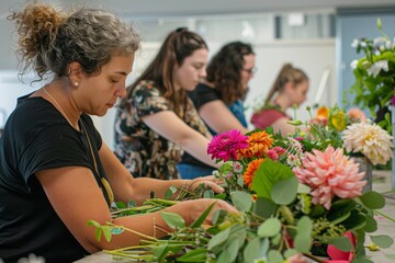 Flower Arranging Workshop: Hands-on Floral Creation with Instructor and Participants Creating Bouquets