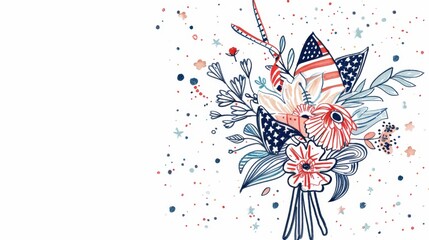 Obraz premium Patriotic Floral Bouquet with American Flags - Celebratory Illustration