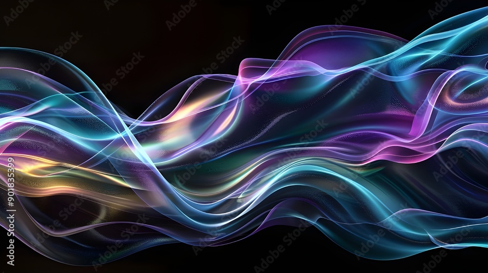 Poster neon waves in various colors against a black backdrop. vibrant, futuristic background that is abstra