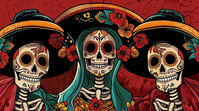 Three cartoon  mexican skeleton. Friendship. Symbol of day of the dead. Celebration of memorial day. Dia de muretos.
