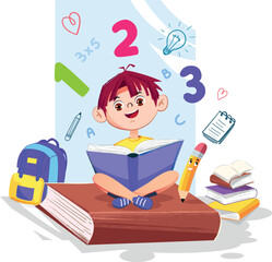 School child reading a book with the smiling pen and numbers and letters