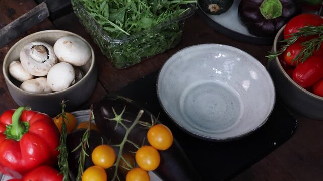 step-by-step process for making tomato and cheese salad in a ceramic bowl