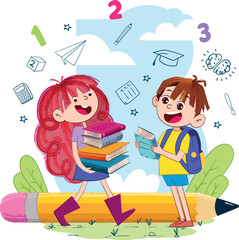 Smiling school kids are happy holding books