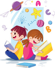 Boy and a girl reading science books with letters, numbers and planets